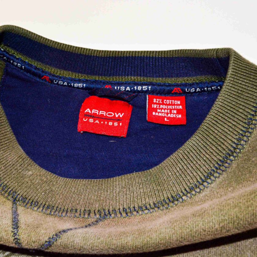 a brown and blue sweater with a tag on it.