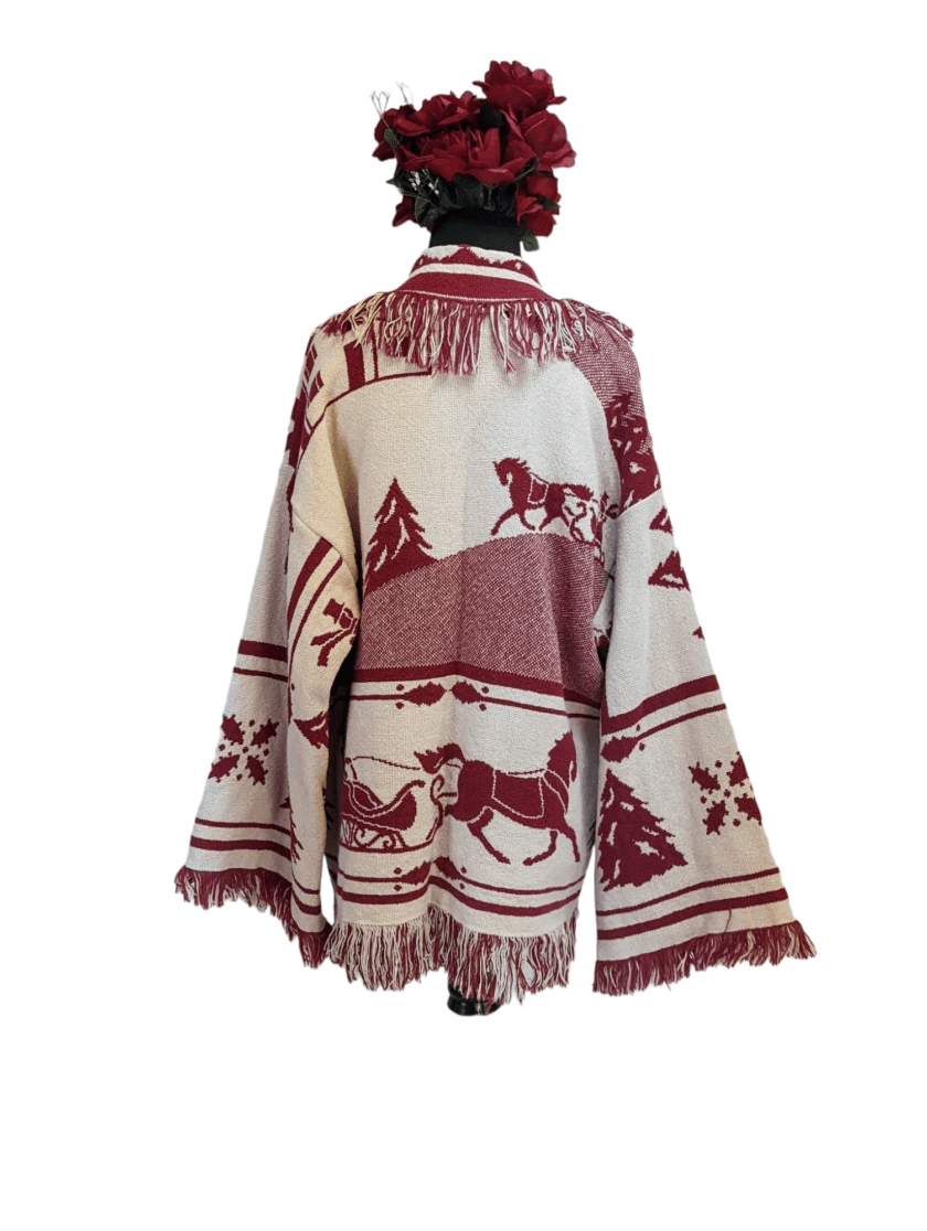 a white and red sweater with a horse on it.