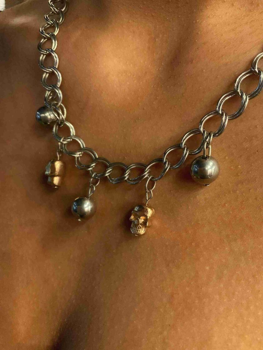 a close up of a person wearing a necklace.