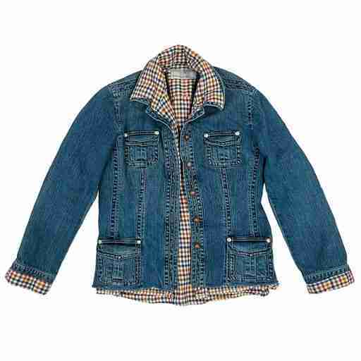 a denim jacket with a checkered collar.