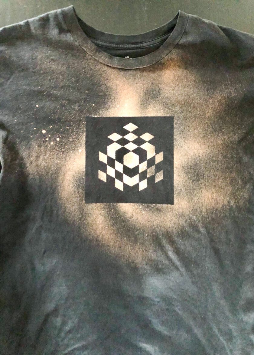 Custom Order: Heavy Cotton Black Cube Bleach Art Tee - Size Large - for Jose C. with a black and white design on it.