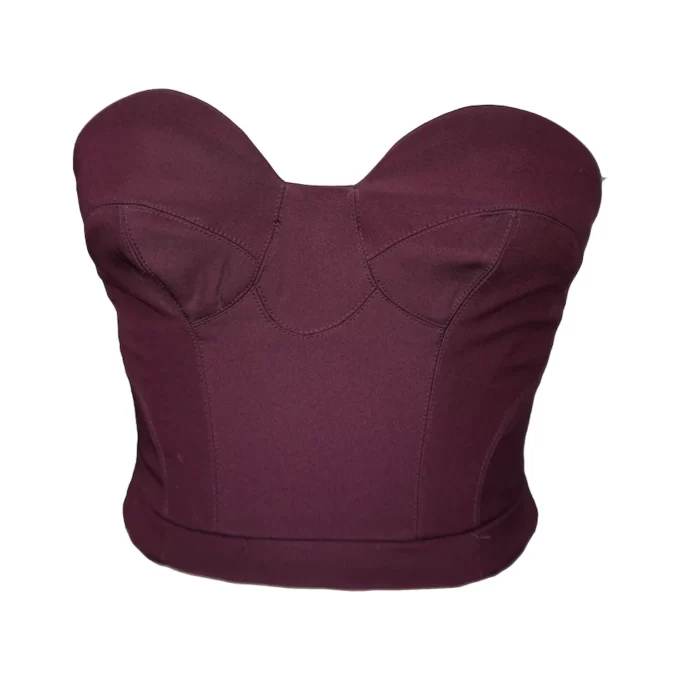 A Plum Bustier Strapless Crop Top with a large bow at the back.