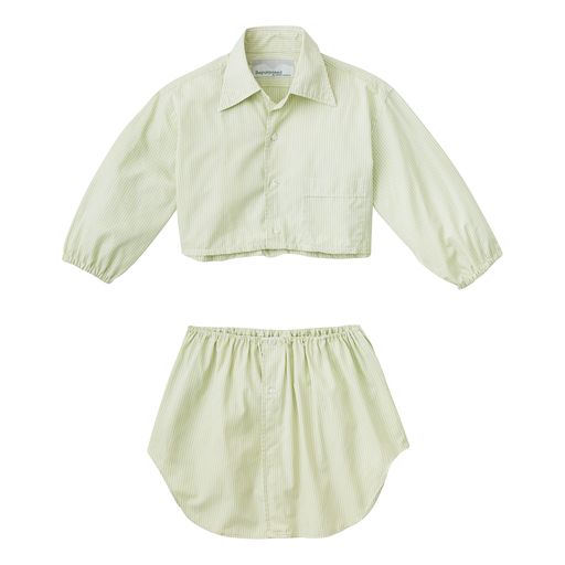 A baby boy's outfit with the Cool as a Cucumber (pale green and white stripe two piece set).