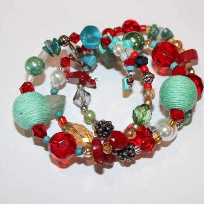 Beaded wrap around bracelet with turquoise and red
