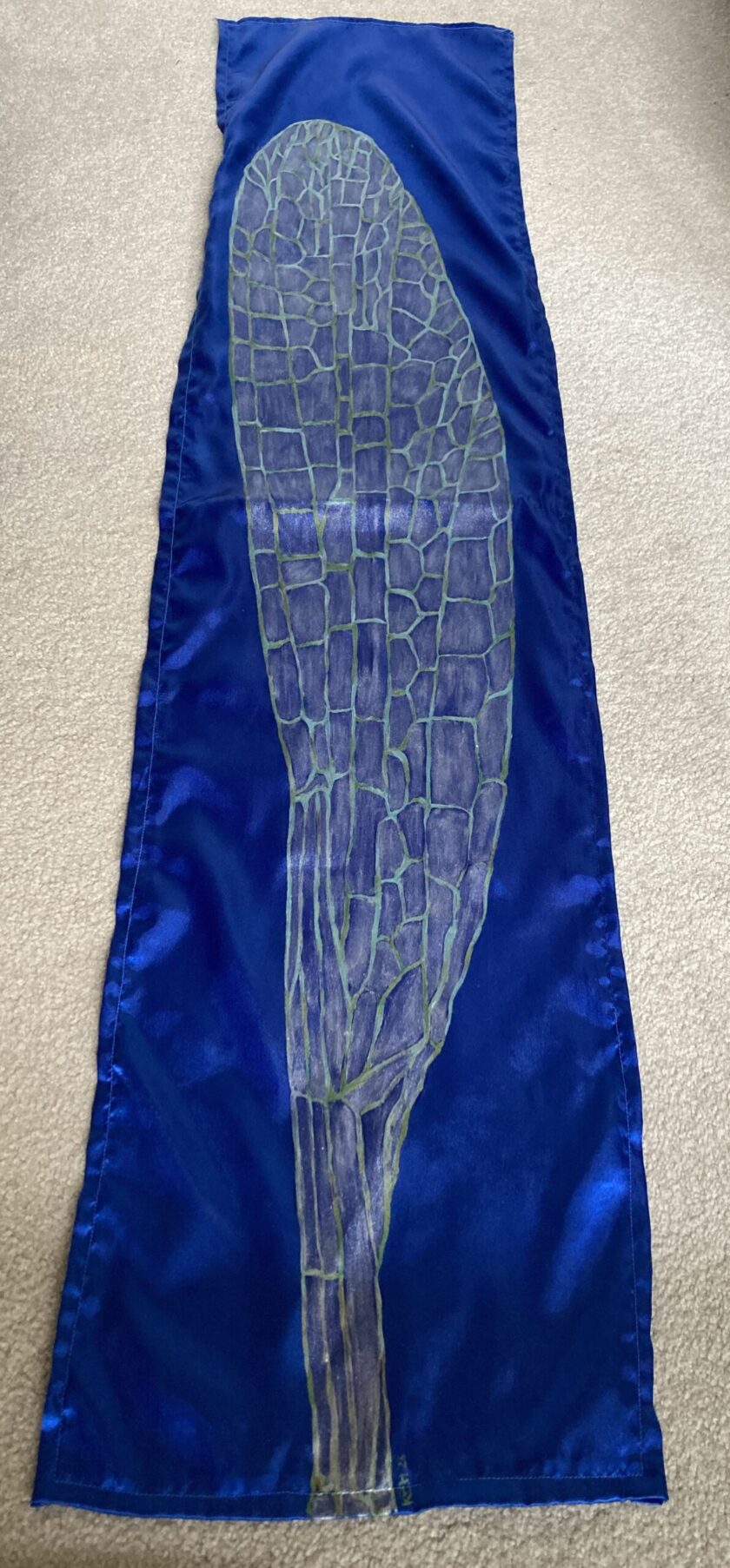 a hand-painted iridescent blue dragonfly wing scarf with a picture of a bird on it.
