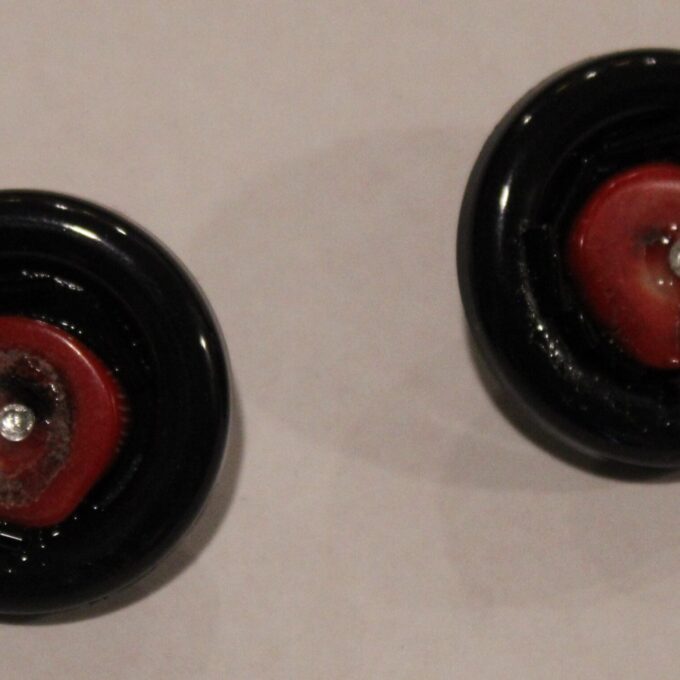 black round clip earrings with red coral bead and rhinestone