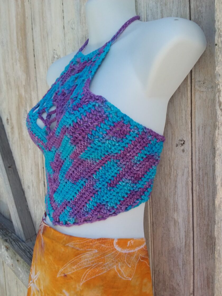 Crocheted Web crop top halter in hand dyed organic cotton yarn in shades of blue and purple
