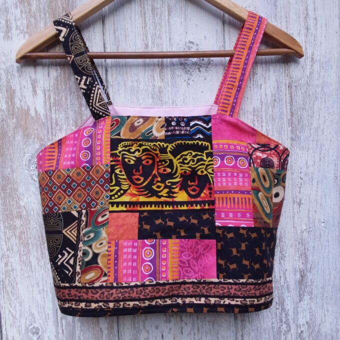 Unique upcycled patchwork crop top in bold bright colors