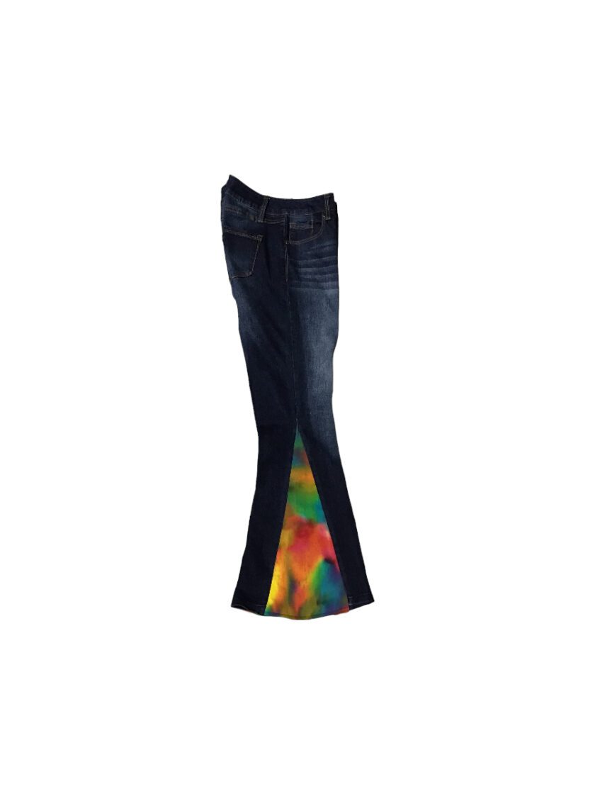 A pair of jeans with a colorful design on the side.