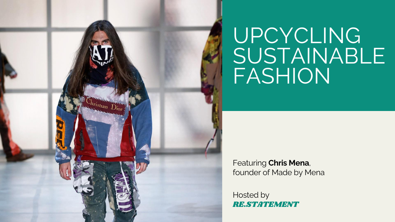 A woman wearing a mask on a runway with the words upcycling sustainable fashion.