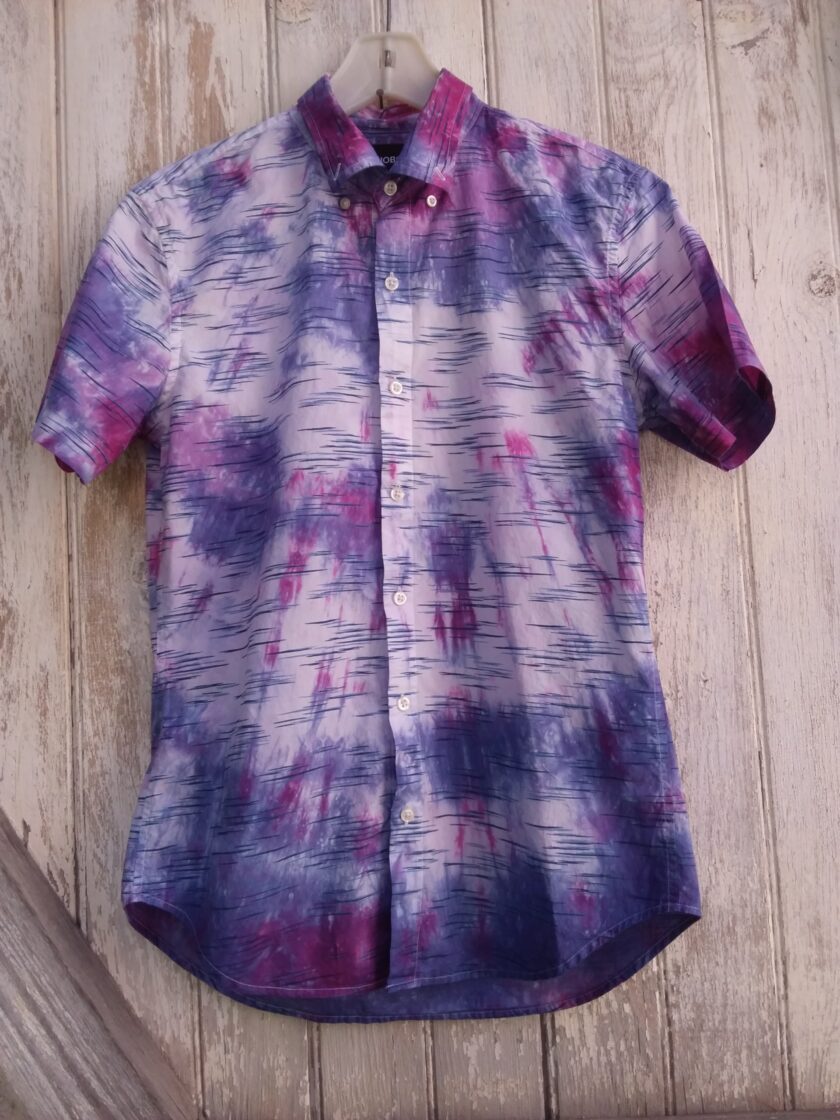 Unique, upcycled men's button down shirt dyed in blue and purple.