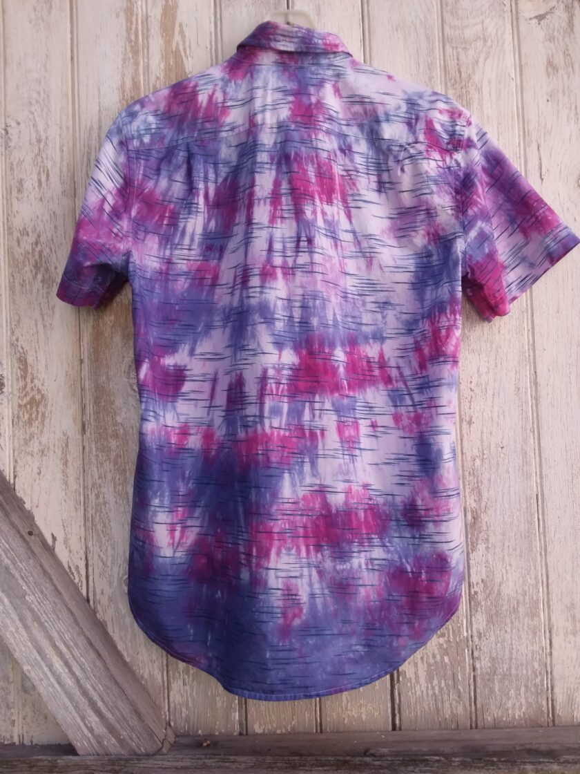 Unique, upcycled men's button down shirt dyed in blue and purple.