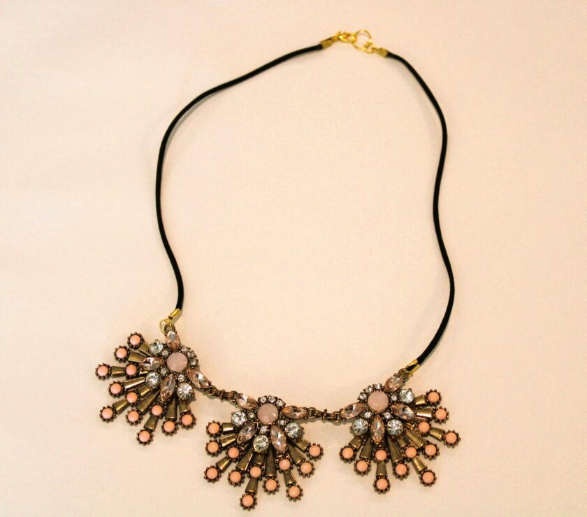A necklace with rhinestones and pearls.