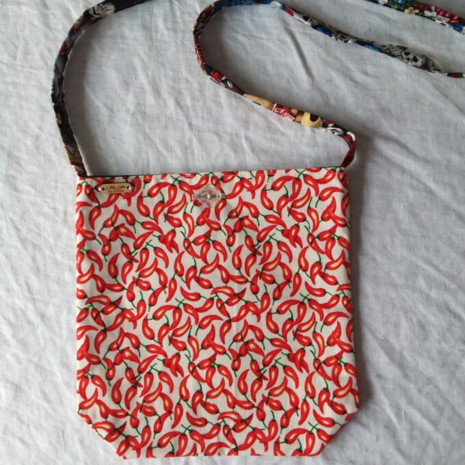 Red hot chili pepper fabric hand bag with a long strap