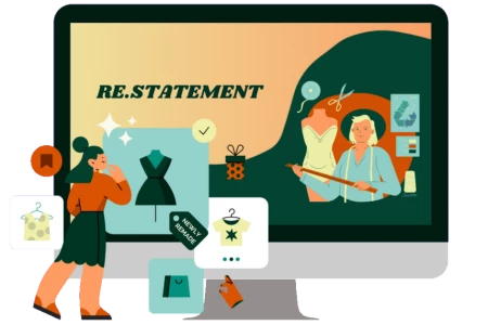 a woman looking at a computer screen with the words restatement on it.