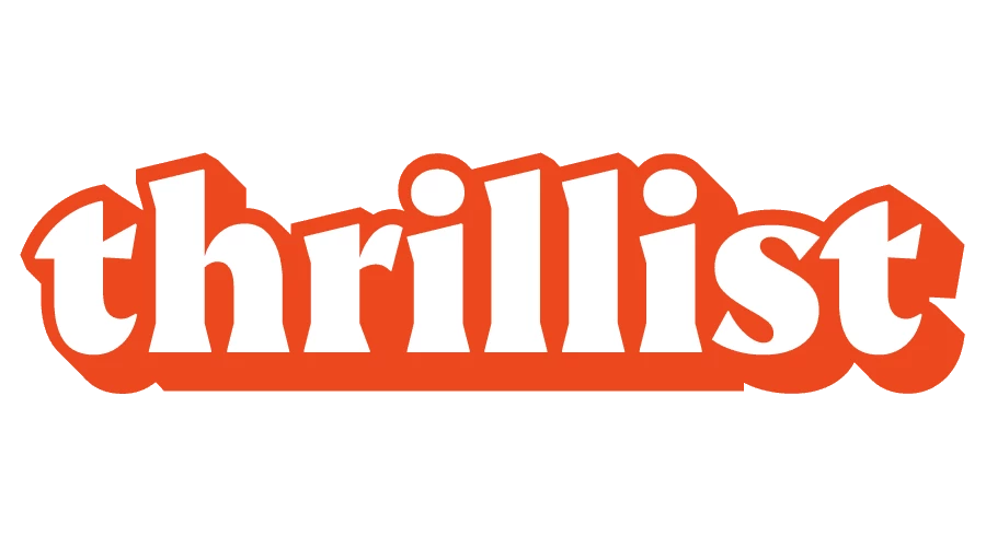 a red and white logo with the word thrilist on it.